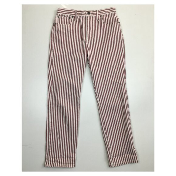 MADEWELL 5 Pocket White Burgundy Striped The High Rise Slim Boyjean Jeans - Picture 1 of 11